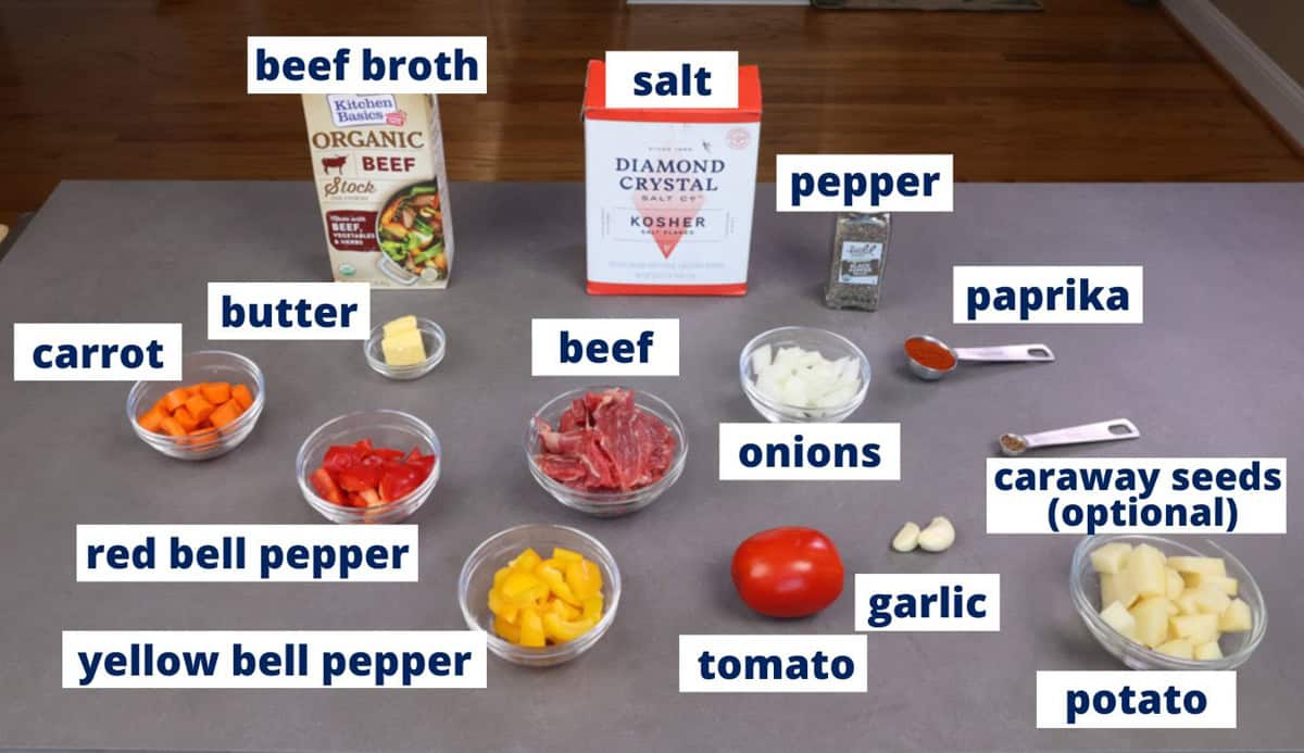 hungarian goulash ingredients on a kitchen counter.