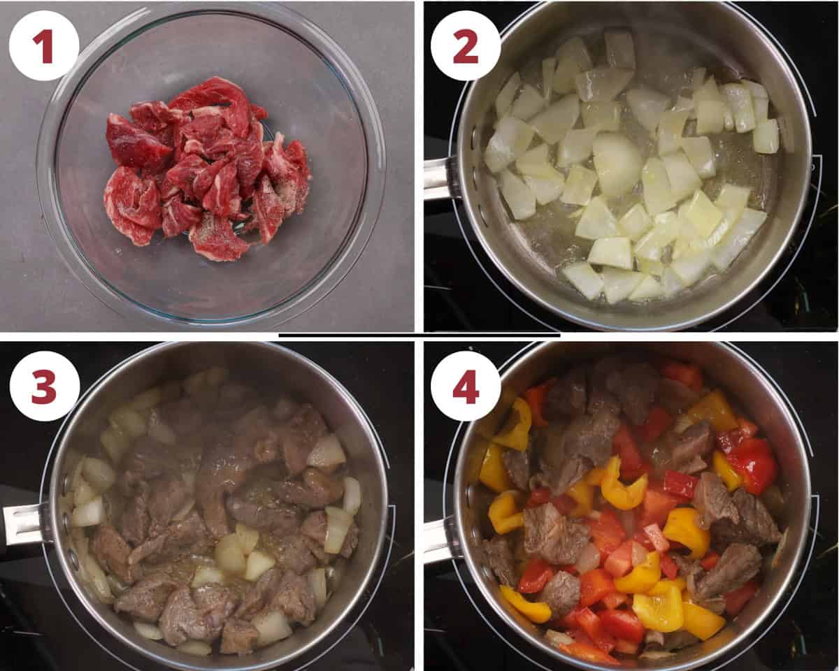 beef, onions, and peppers cooking in a pot.