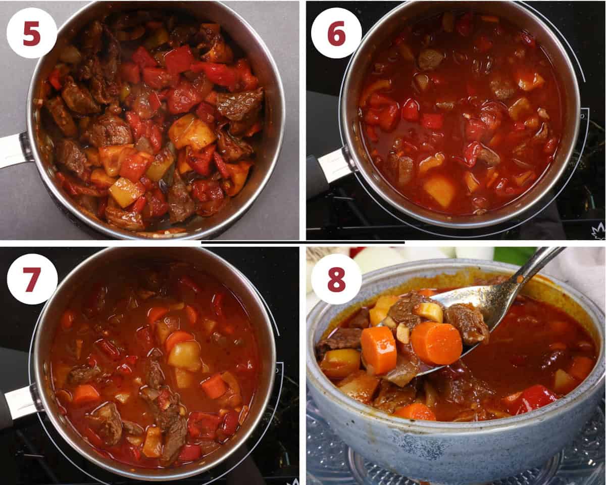 hungarian goulash cooking in a pot.