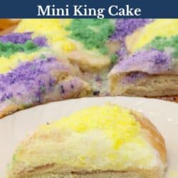 a slice of king cake on a plate.