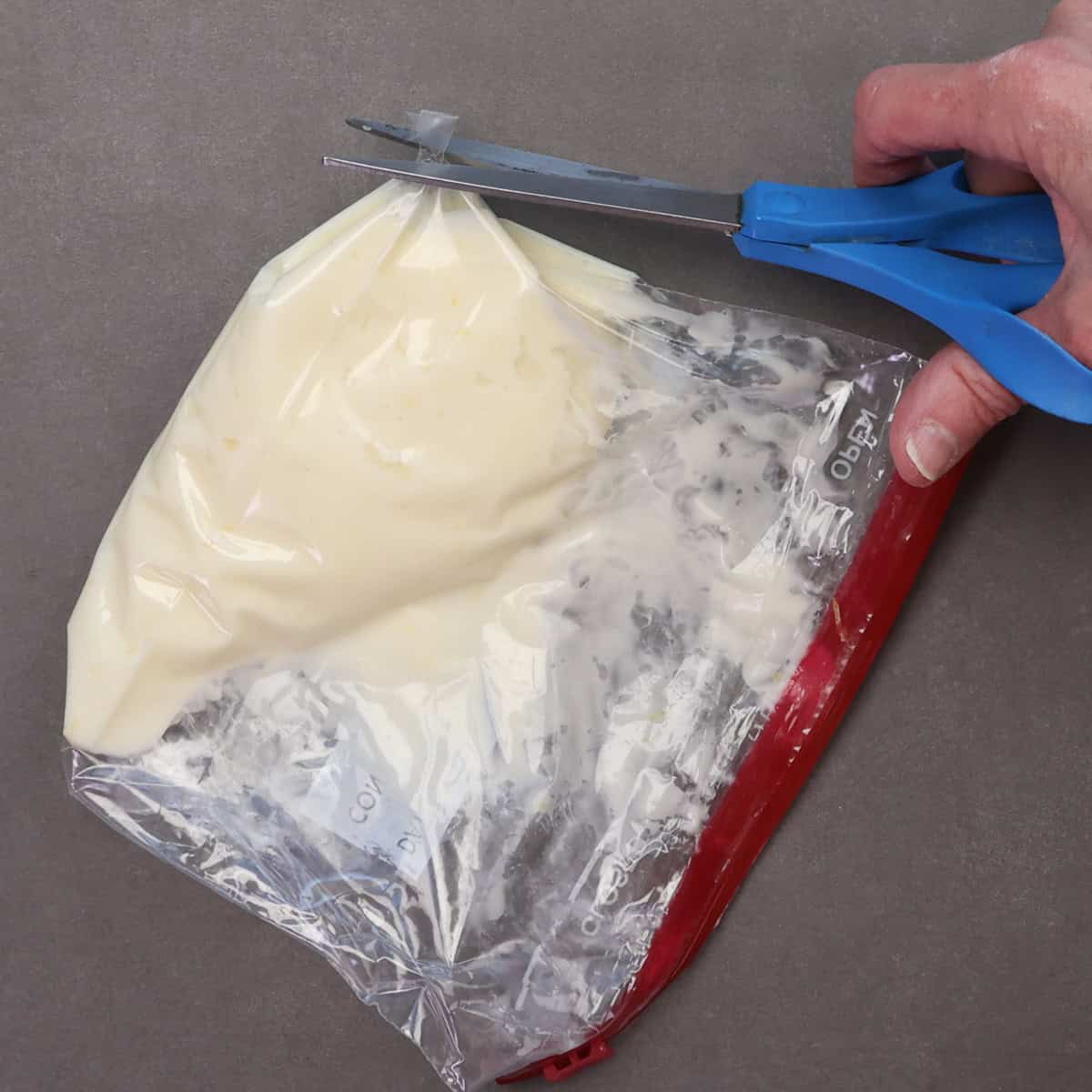 cream cheese filling in a ziptop bag.