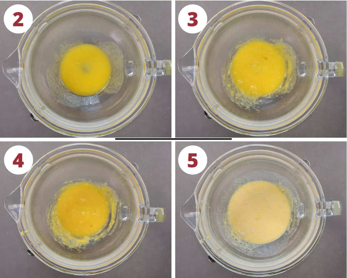 four photos showing egg, sugar, vanilla and yeast in a mixing bowl.