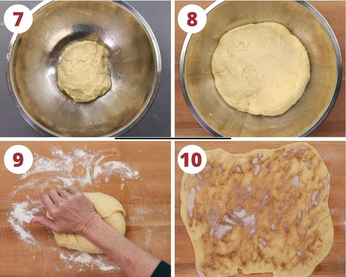 four photos showing how to make king cake dough.