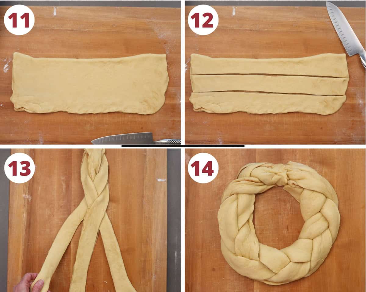 four photos showing how to roll out and braid king cake dough.