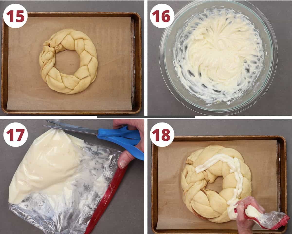 photos showing how to make the cream cheese filling for a king cake.