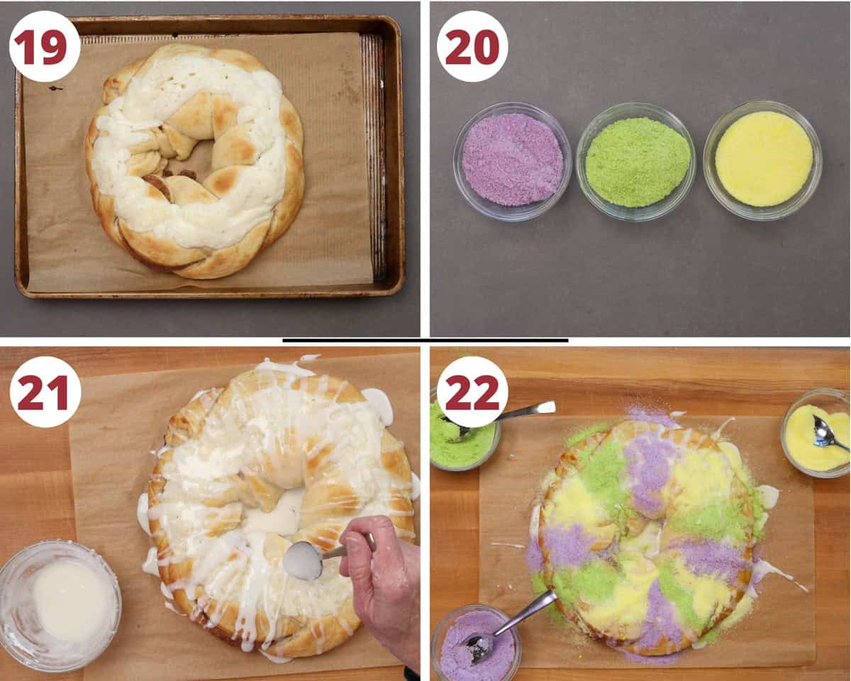 four photos showing a king cake on a baking sheet with three bowl of colored sugar for topping.