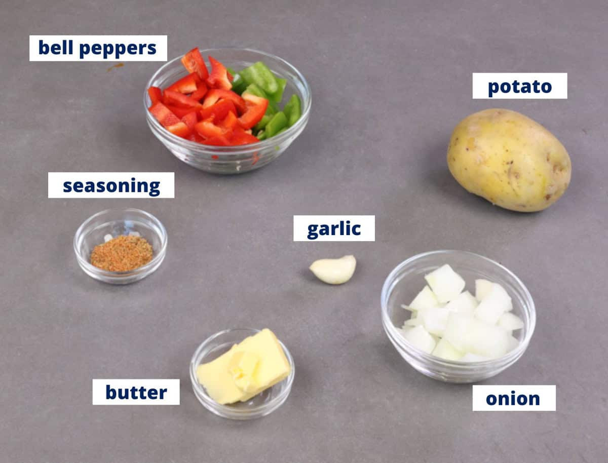 breakfast potatoes ingredients on a kitchen counter.