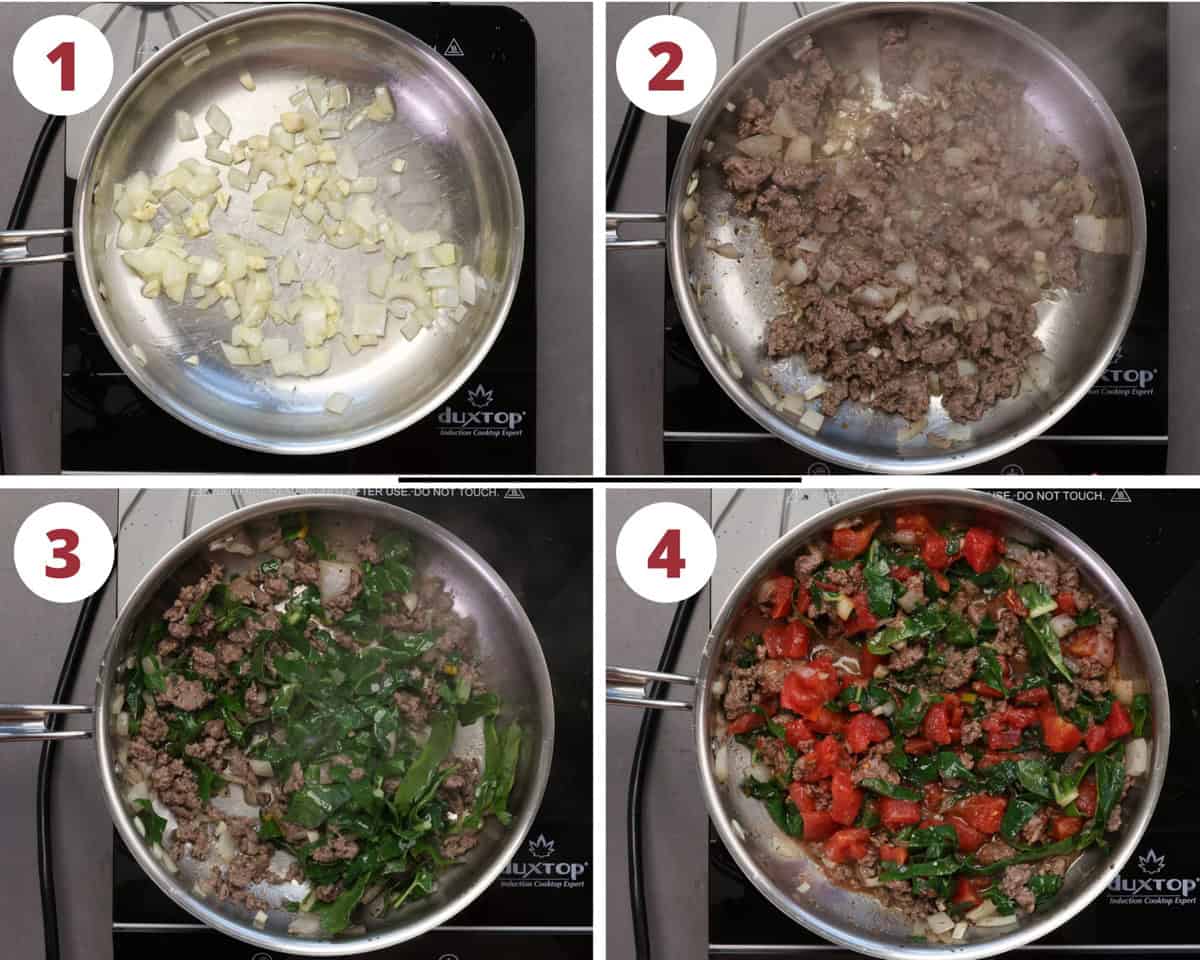 four photos showing onions, ground beef cooking in a pan with greens and tomatoes.