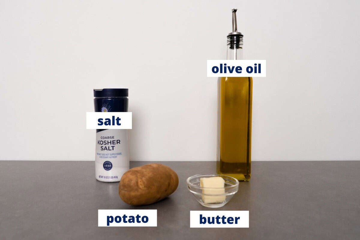 baked potato ingredients on a kitchen counter.