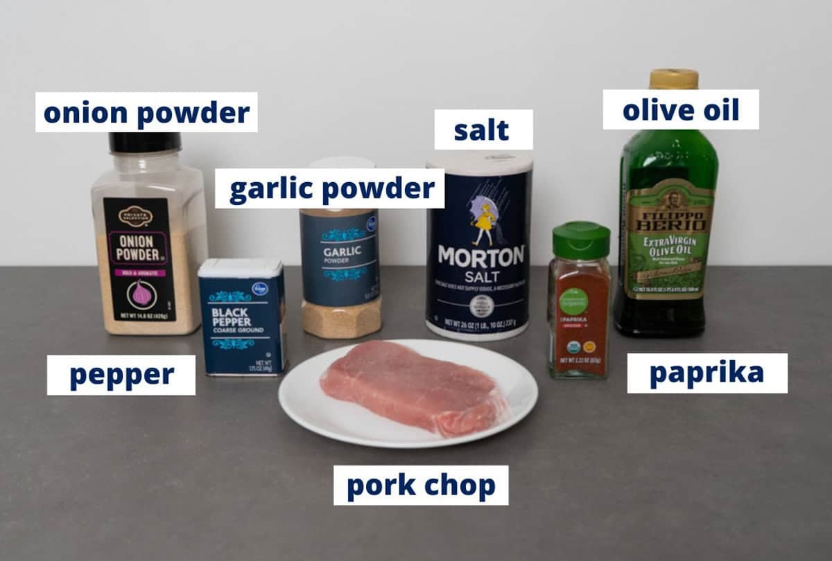 air fryer pork chop ingredients on a kitchen counter.