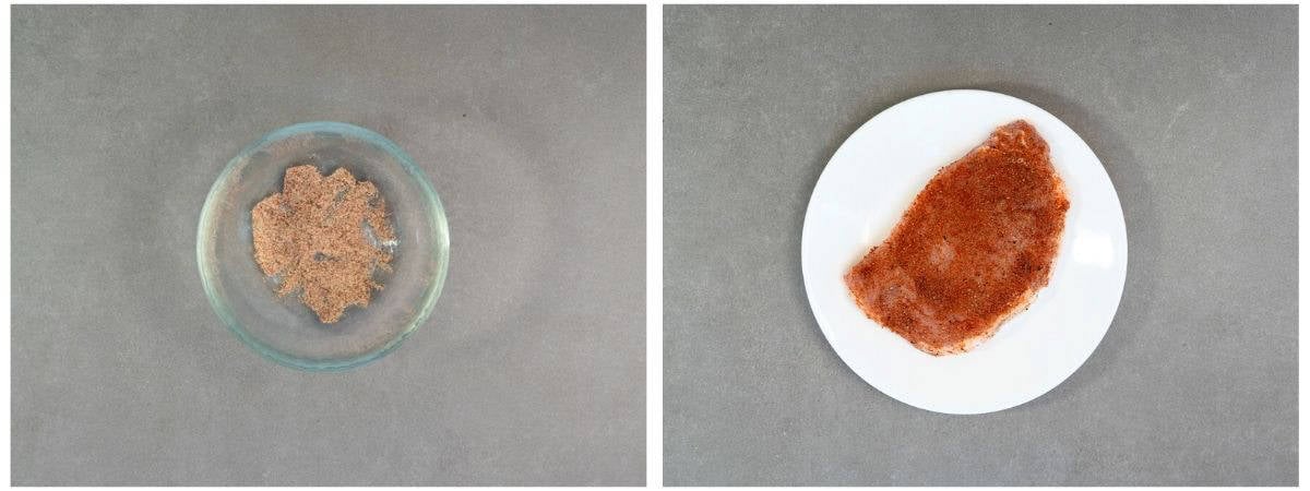 a spice rub for pork chops and the rub spread over the pork.
