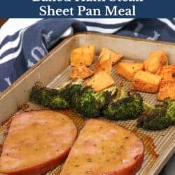 ham steaks on a sheet pan with roasted vegetables.