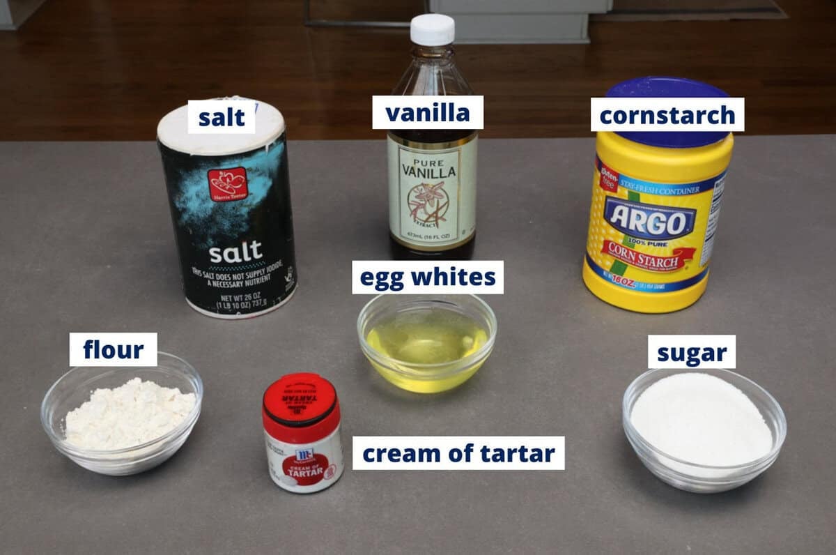 ingredients in an angel food cake recipe on a kitchen counter.
