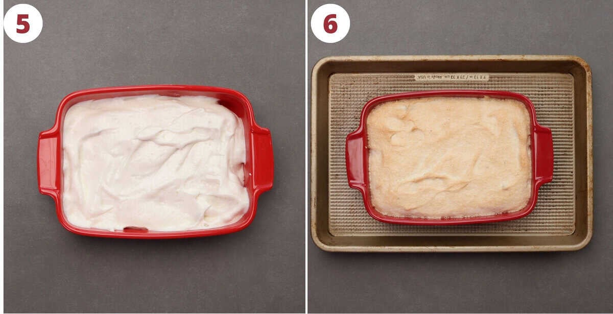 two photos showing an unbaked and a baked angel food cake.