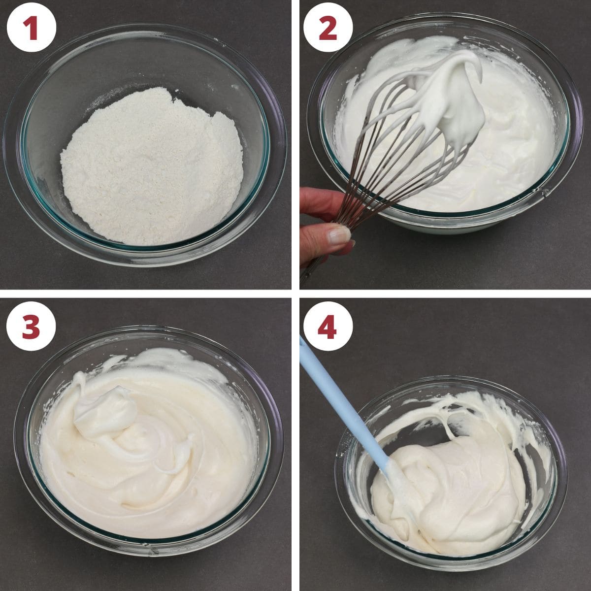 four photos showing how to make angel food cake batter in a mixing bowl.