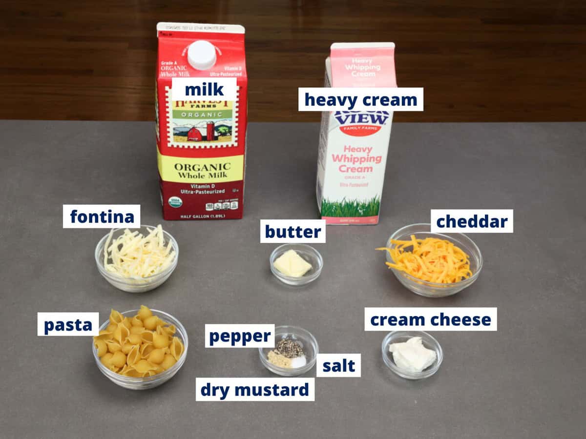 ingredients in slow cooker mac and cheese on a kitchen counter.
