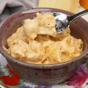 a small bowl of macaroni and cheese made with shells.