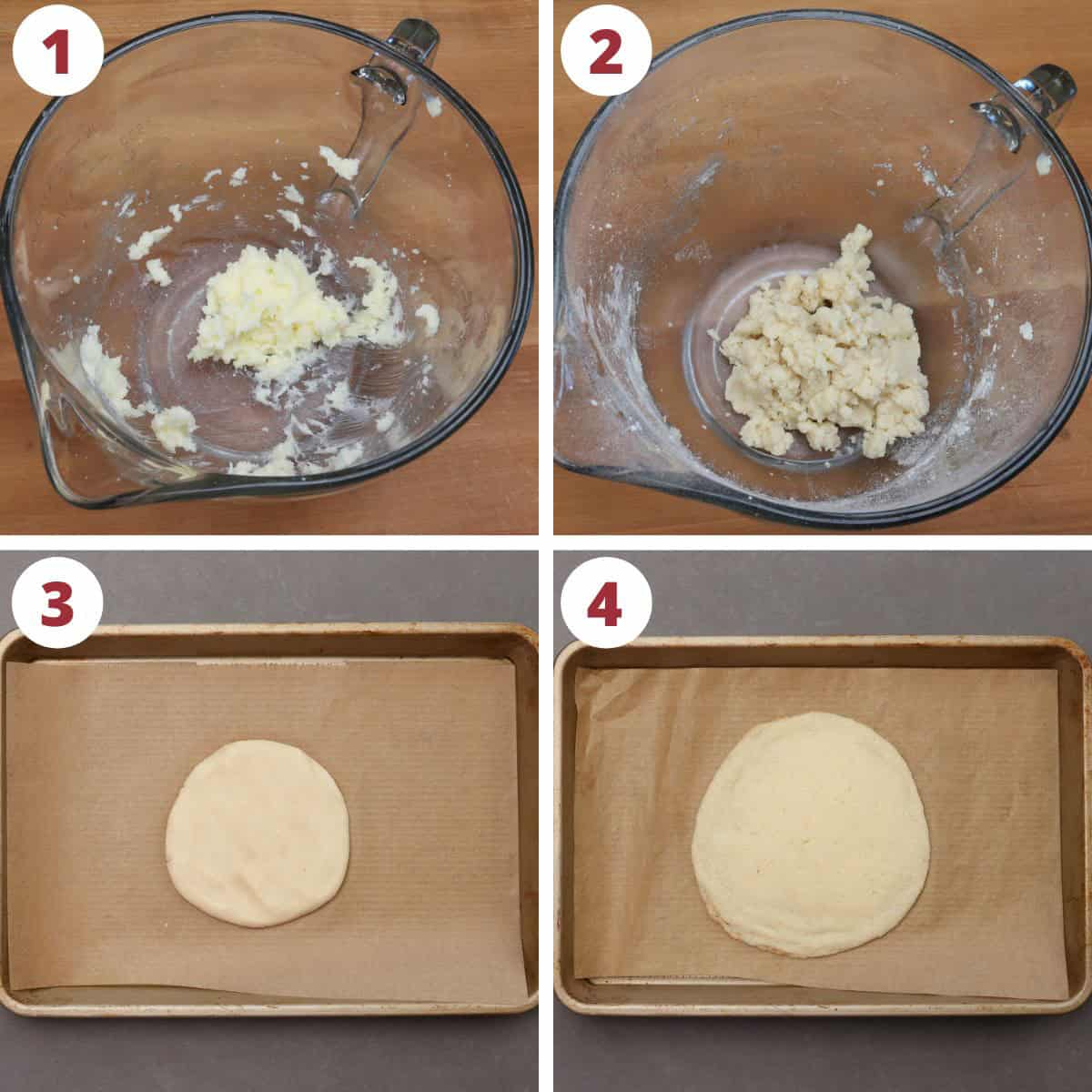 four photos showing how to make a fruit tart crust.