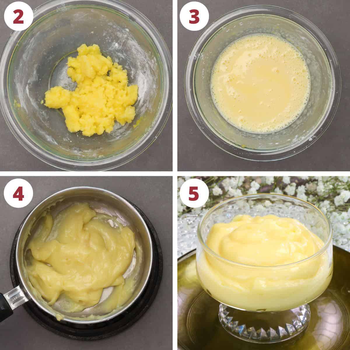 four photos showing how to make pastry cream for a fruit tart.