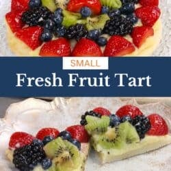 a small fruit tart sliced into quarters on a white plate.