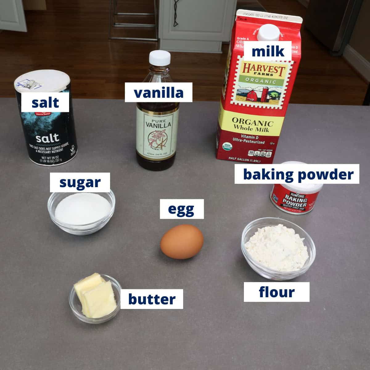 yellow cake ingredients on a kitchen counter.