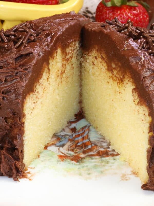a small yellow cake topped with chocolate buttercream on a white plate.