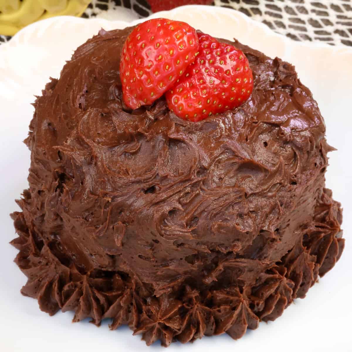 a mini yellow cake topped with chocolate frosting on a white plate.