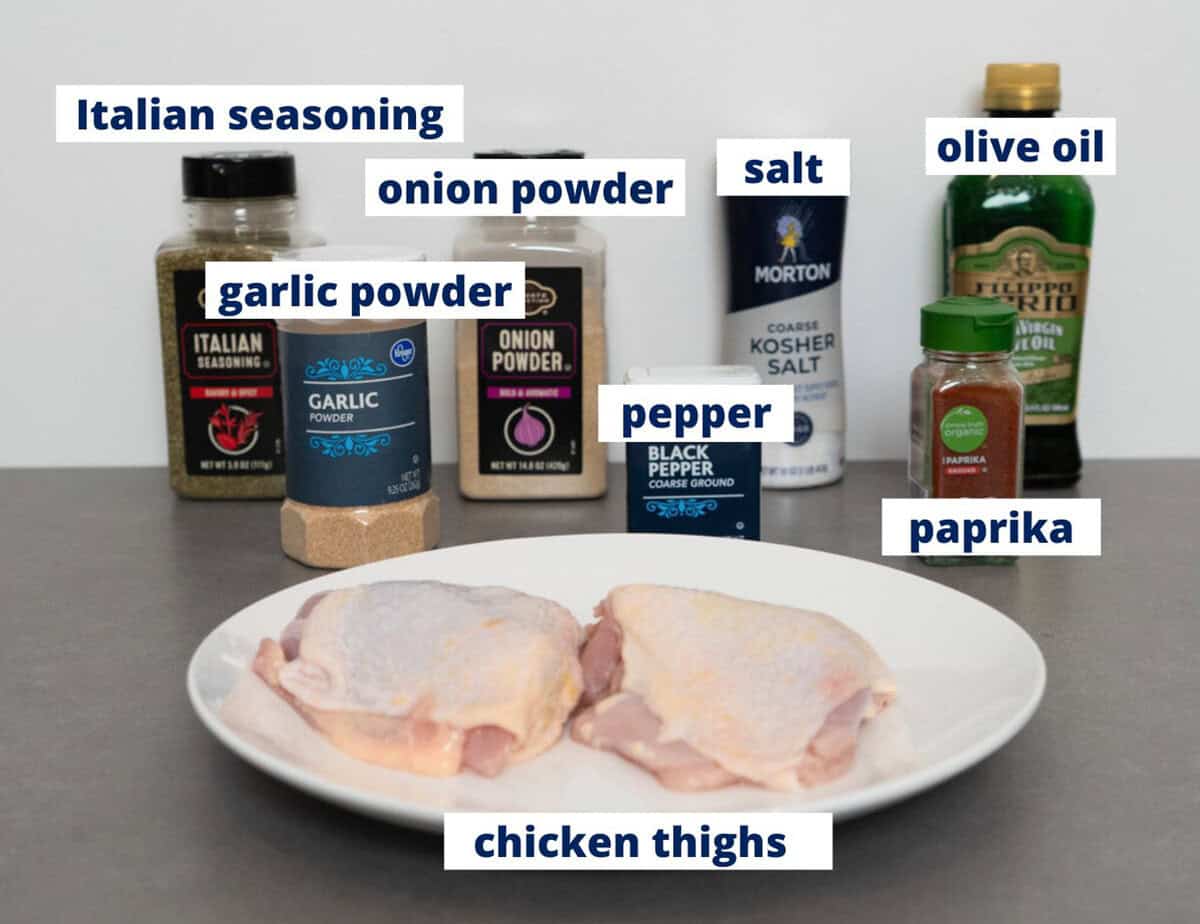 air fryer chicken thighs ingredients on a kitchen counter.