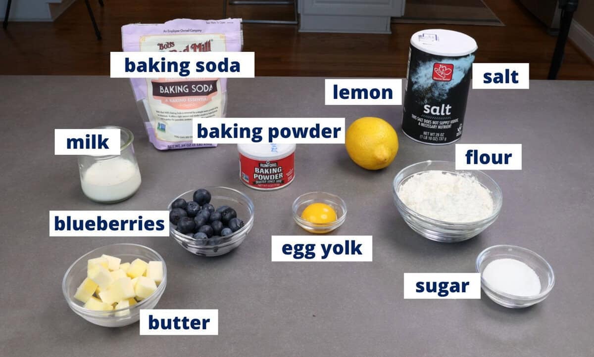 blueberry scones ingredients on a kitchen counter.