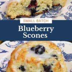 two blueberry scones on plates next to a yellow bowl of fresh blueberries.