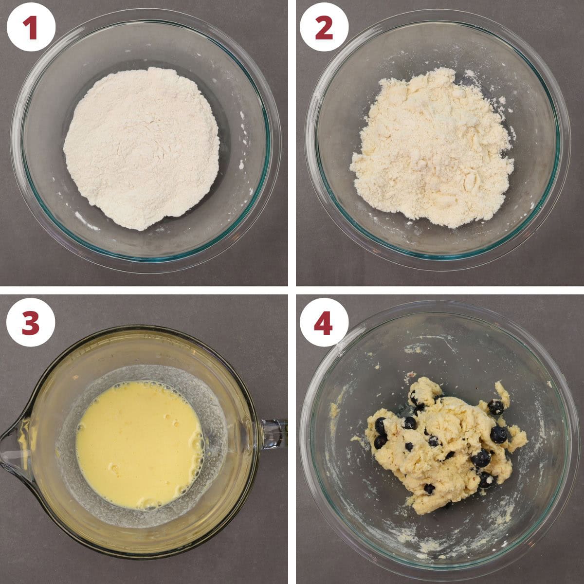 four photos showing how to make blueberry scone batter.