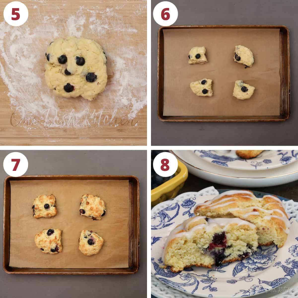 four photos showing how to bake blueberry scones.