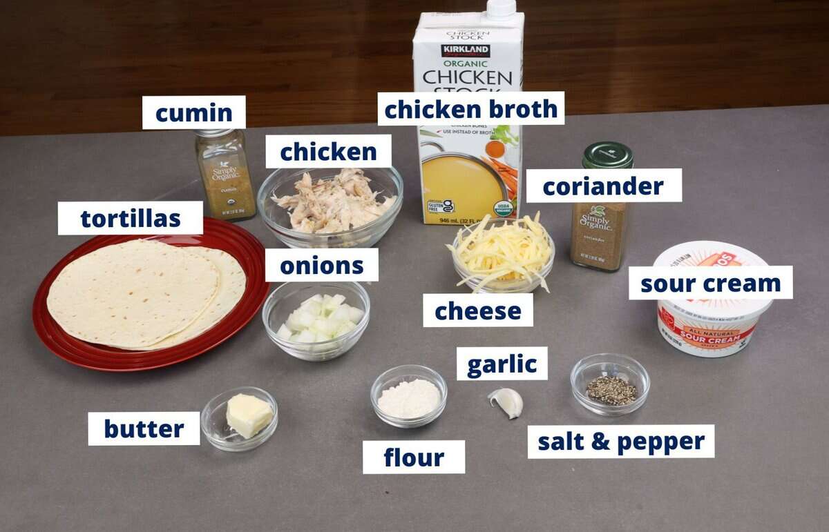 chicken enchilada ingredients on a kitchen counter.