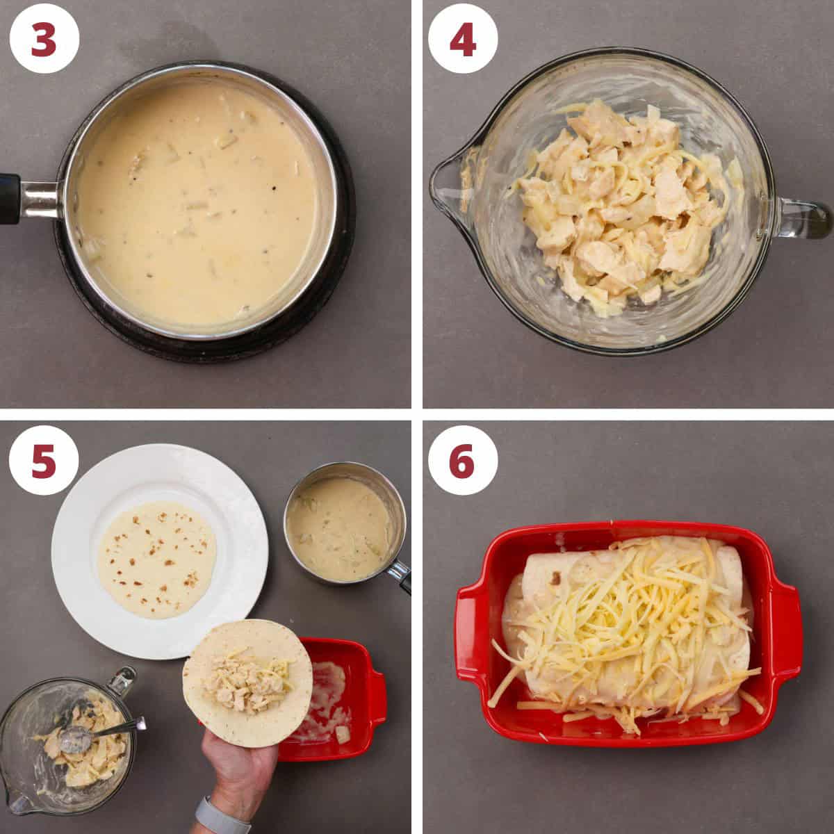 four photos showing how to make white chicken enchiladas.