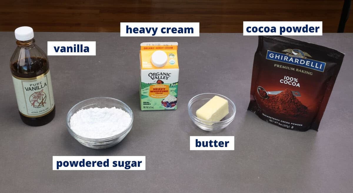 chocolate frosting ingredients on a kitchen counter.