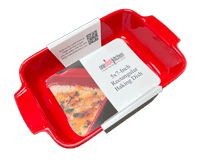 red baking dish with promotional sleeve.
