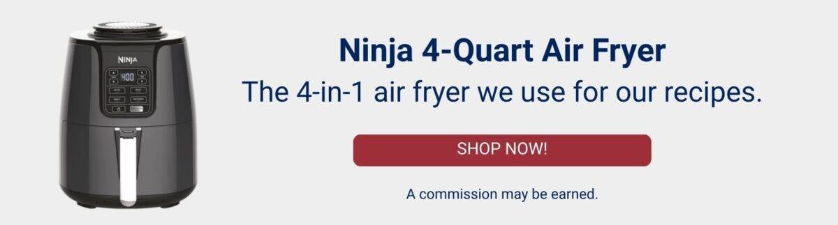 promotional ad for Ninja Air Fryer with image of gray air fryer on left side.