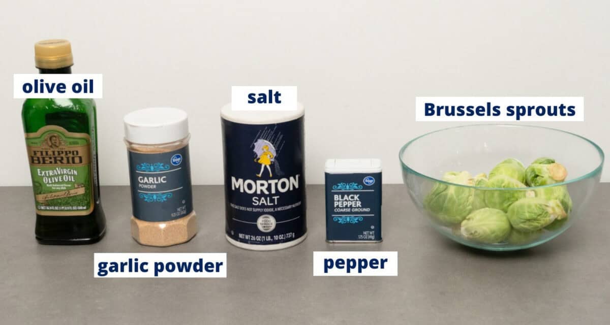 air fryer brussels sprouts ingredients on a kitchen counter.