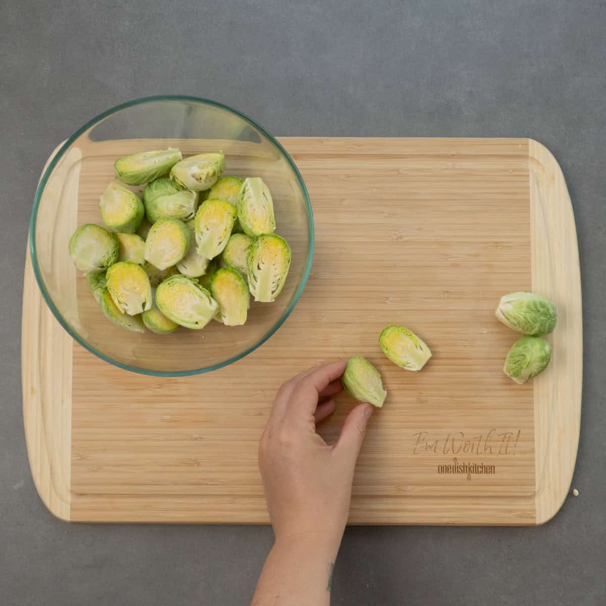brussels sprouts on a cutting board.