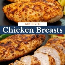 two chicken breasts on a black plate.