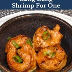 bang bang shrimp in a small purple bowl.