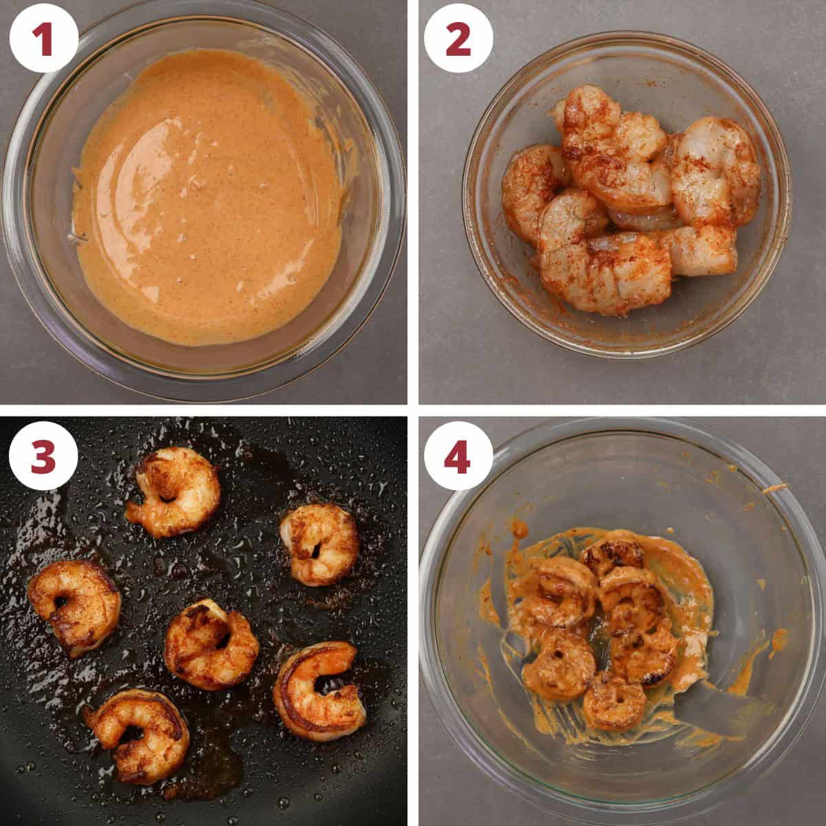 four photos showing how to make bang bang sauce and bang bang shrimp.