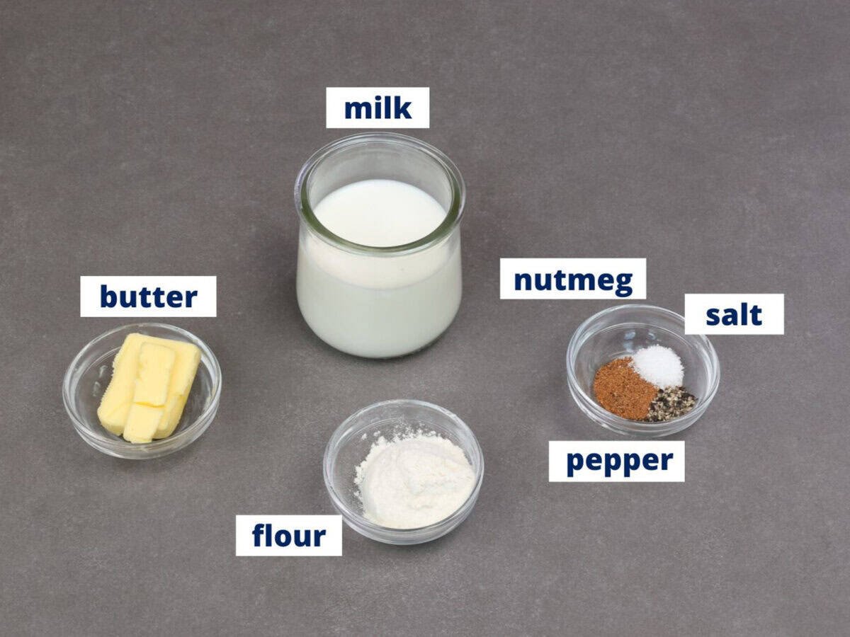 bechamel sauce ingredients on a kitchen counter.