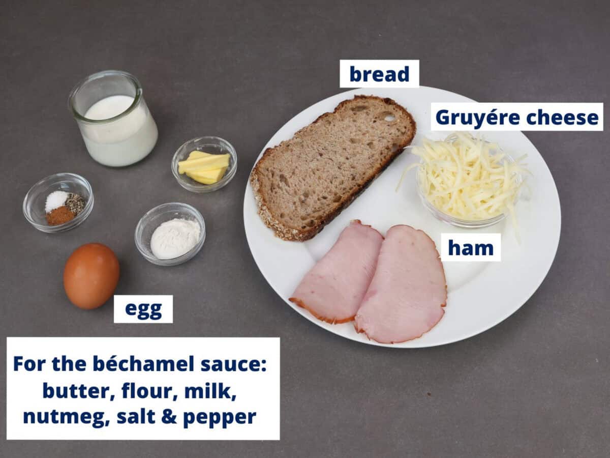 ingredients in a croque madame on a kitchen counter.