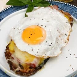 an open faced croque madame on a white plate next to fresh basil.
