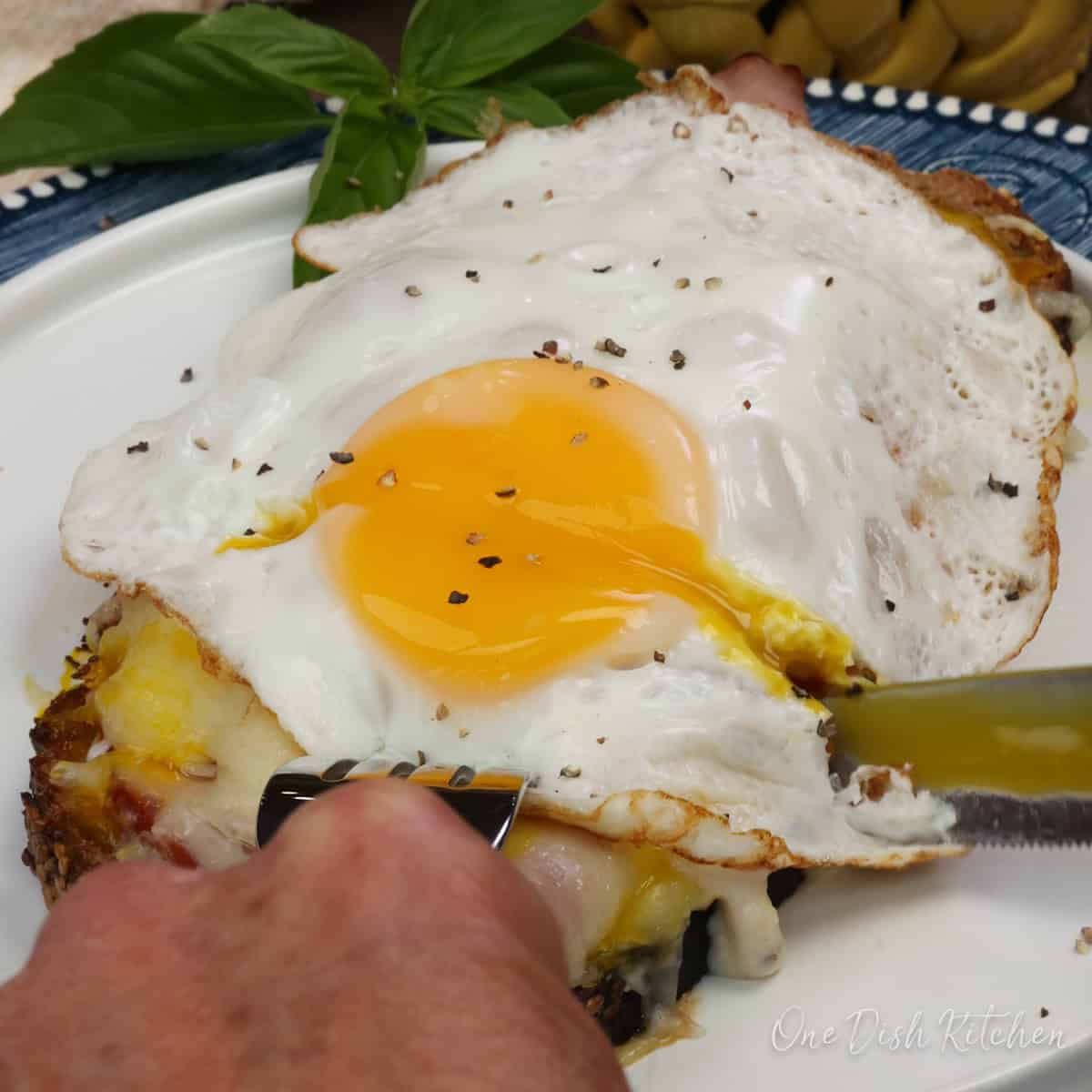 an open faced croque madame on a white plate.