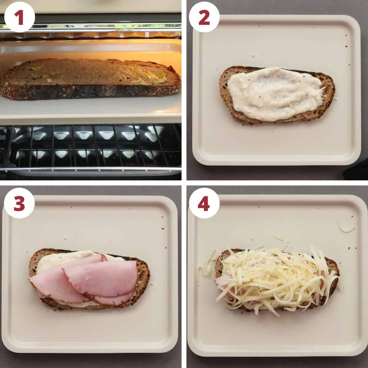 steps showing how to assemble a croque madame.