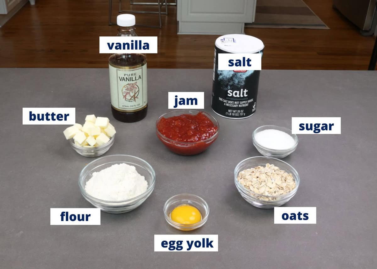 oatmeal bars ingredients on a kitchen counter.