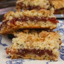two jam-filled oatmeal bars on a blue plate.