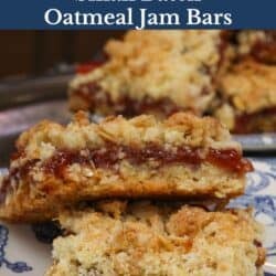 two jam-filled oatmeal bars on a blue plate.